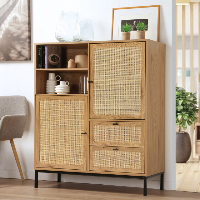 CaliCosy Hoge buffetkast met natuurlijke rotan fronten l100 x h120 cm jaya 2930194 large