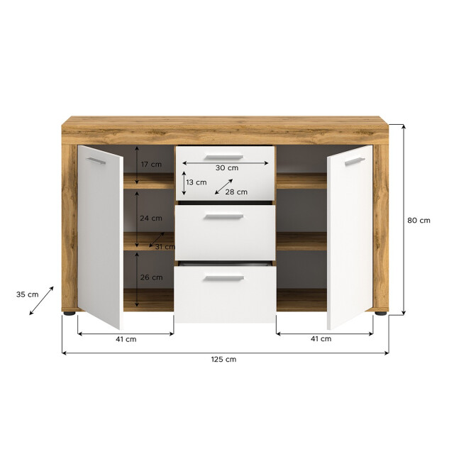 CaliCosy Eiken wit en wotan 2-deurs en 3-lades dressoir, l125 cm aosta 2951190 large