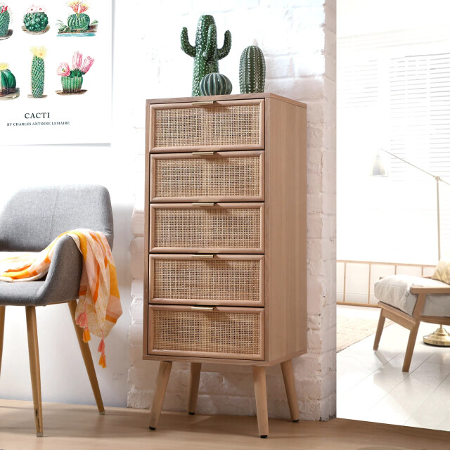CaliCosy Ladekast met 5 lades en natuurlijke rotan voorkant l36,5 x h100,5 cm miya 2930095 large