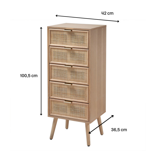 CaliCosy Ladekast met 5 lades en natuurlijke rotan voorkant l36,5 x h100,5 cm miya 2930095 large