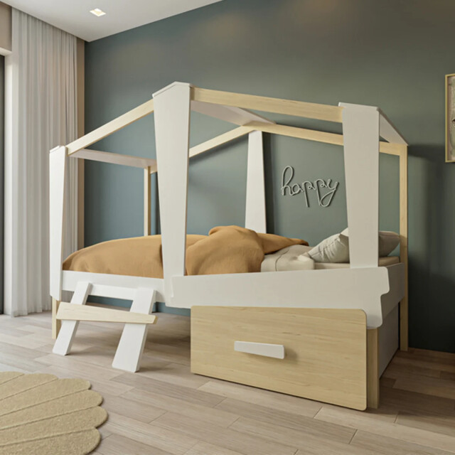 CaliCosy Lit cabane 90x200 avec tiroir blanc et décor chêne cabane 3042529 large