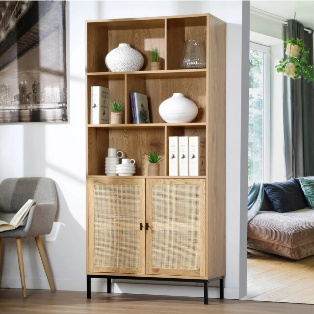 CaliCosy Boekenkast 6 vakken en 2 deuren natuurlijk rotan l80 x h175 cm jaya 2931957 large