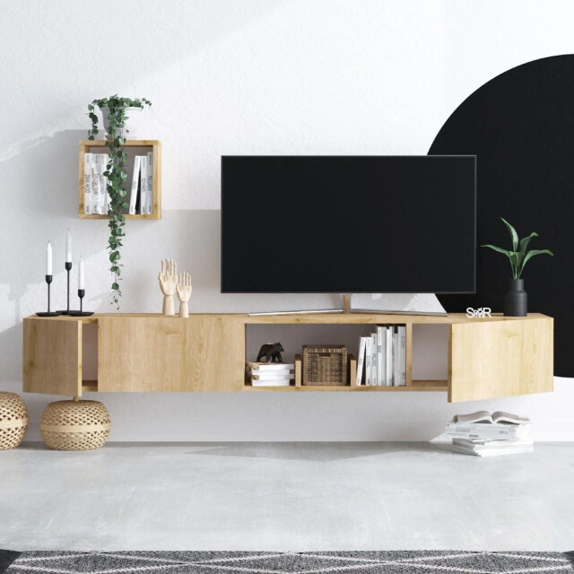 CaliCosy Zwevende tv-meubel met 1 nis, 3 deuren en 1 wandplank in eiken saffierdecor l180 2930409 large