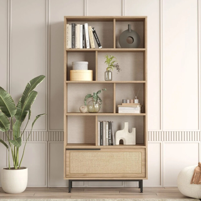 CaliCosy Rek 9 planken en 1 deur, eikenhouten decor en rotanprint h175,6 cm 2931972 large