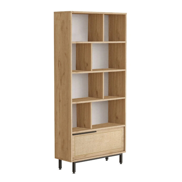CaliCosy Rek 9 planken en 1 deur, eikenhouten decor en rotanprint h175,6 cm 2931972 large