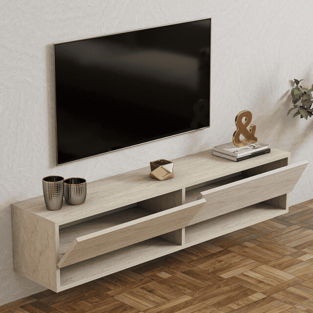 CaliCosy Hangend tv-meubel met 2 klepdeuren, travertin decor l141 cm arges 3061526 large