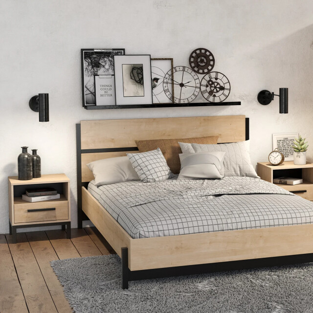 CaliCosy Nachtkastje 1 lade en 1 vak, eiken en mat zwart decor, craft l44,6 cm 2930074 large
