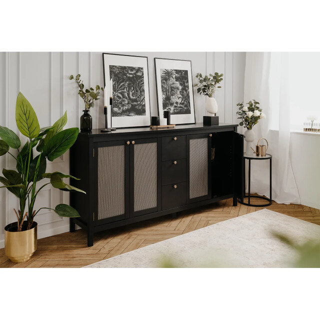 CaliCosy Buffet 4 deuren en 3 laden zwart en riet l180 cm krakow 2930694 large