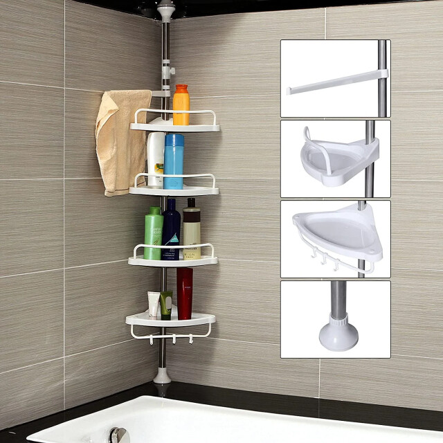 CaliCosy Hoekdoucherek met telescopische stang, 4 planken, 3 haken en 1 handdoekhouder - 2929413 large
