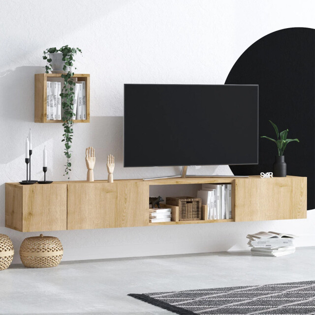 CaliCosy Zwevende tv-meubel met 1 nis, 3 deuren en 1 wandplank in eiken saffierdecor l180 2930409 large