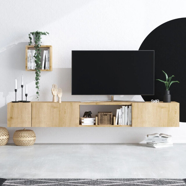 CaliCosy Zwevende tv-meubel met 1 nis, 3 deuren en 1 wandplank in eiken saffierdecor l180 2930409 large