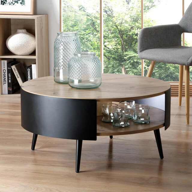 CaliCosy Table basse ronde 2 niveaux flancs métal noir 3042280 large