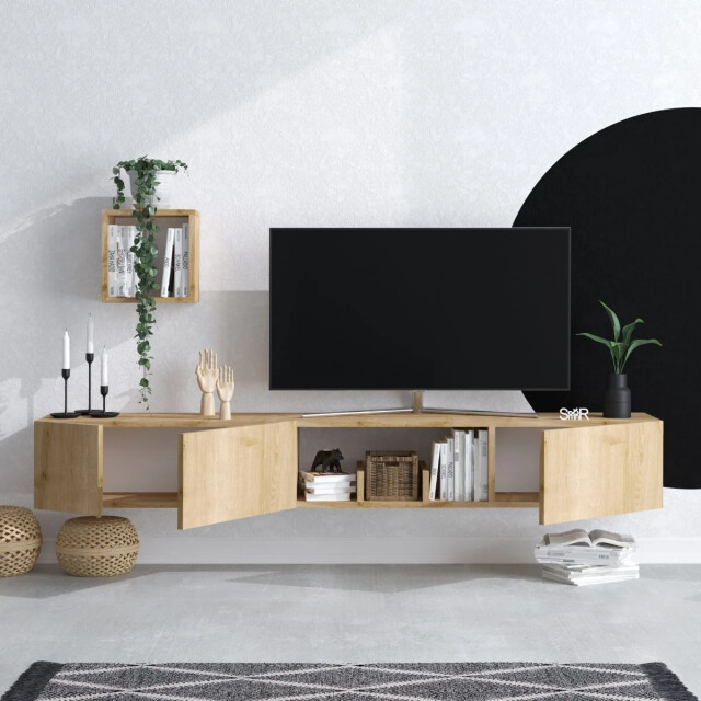 CaliCosy Zwevende tv-meubel met 1 nis, 3 deuren en 1 wandplank in eiken saffierdecor l180 2930409 large
