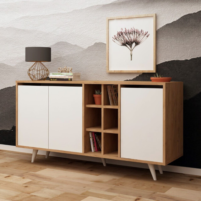 CaliCosy Buffet 3 deuren en 6 nissen in eiken en wit decor l140 cm seria 2930448 large
