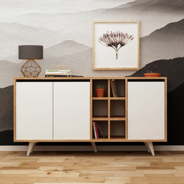 CaliCosy Buffet 3 deuren en 6 nissen in eiken en wit decor l140 cm seria 2930448 large