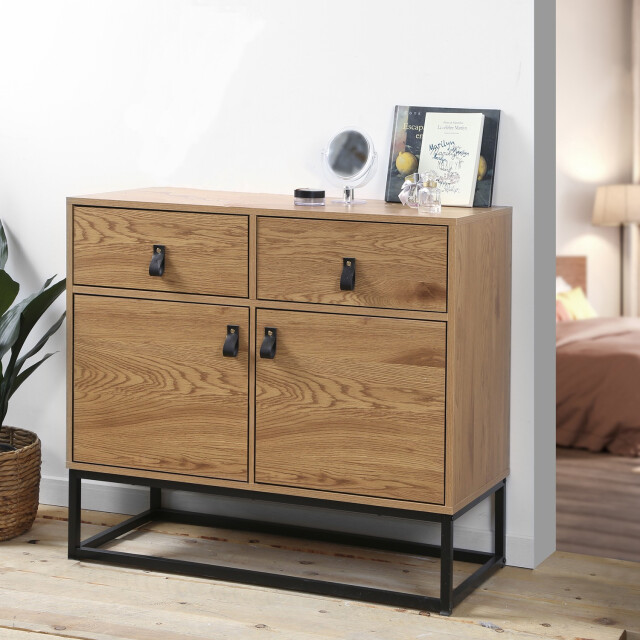 CaliCosy Ladekast met 2 deuren en 2 laden eiken decor met zwart metalen structuur 2929788 large