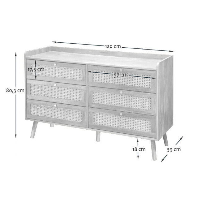 CaliCosy Ladekast met 6 lades met fronten in natuurlijk rotan l120 cm palmo 3079462 large