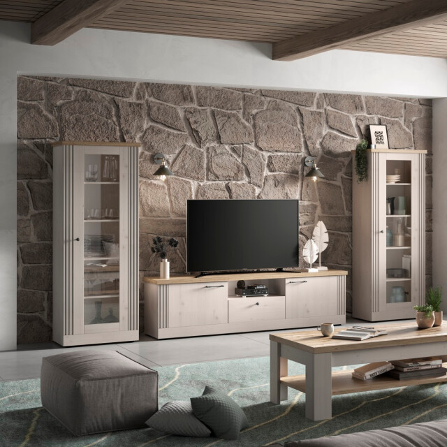 CaliCosy Vitrinekast met 1 deur, decor eiken cadiz en meringuewit h192 cm country 3042330 large