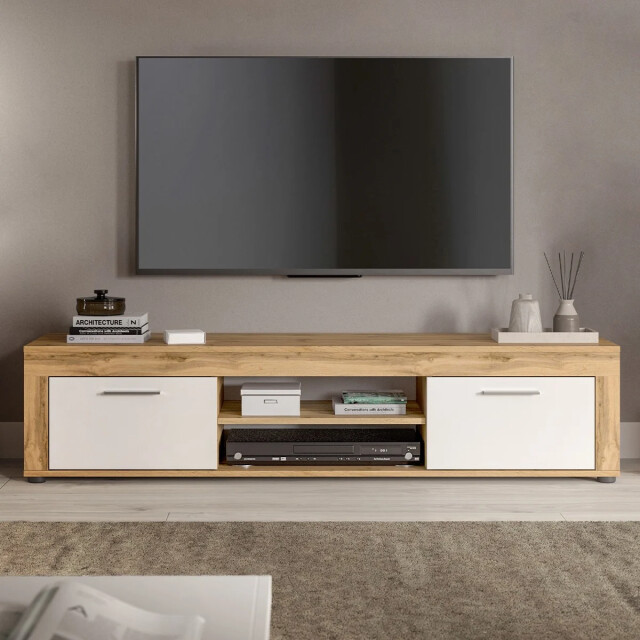CaliCosy Tv-meubel met 2 klapdeuren en 2 nissen in wit en eiken wotan l160 cm aosta 2951193 large