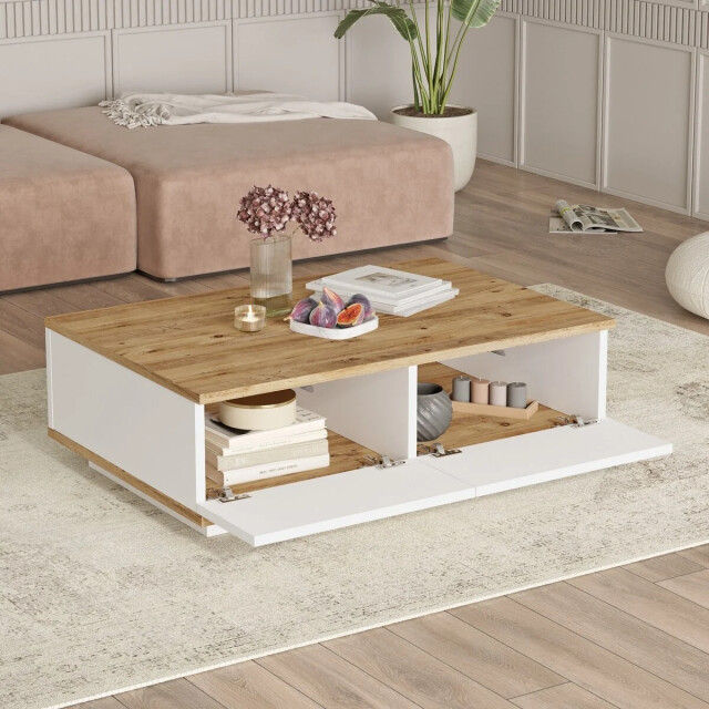 CaliCosy Rechthoekige salontafel met 1 klepdeur in wit en atlantische den l90 cm 3042291 large