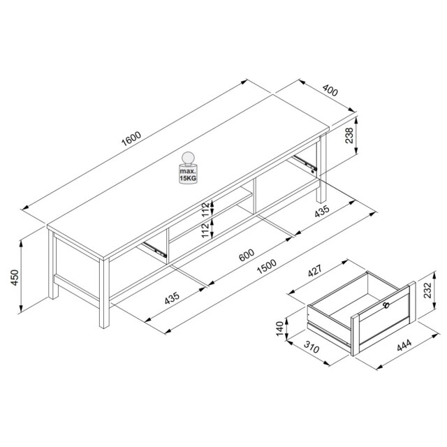 CaliCosy Tv-meubel 2 laden l160 cm witte decoratie bergen 2929980 large