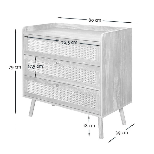 CaliCosy Ladekast met 3 lades en fronten van natuurlijk rotan l80 cm palmo 3067174 large