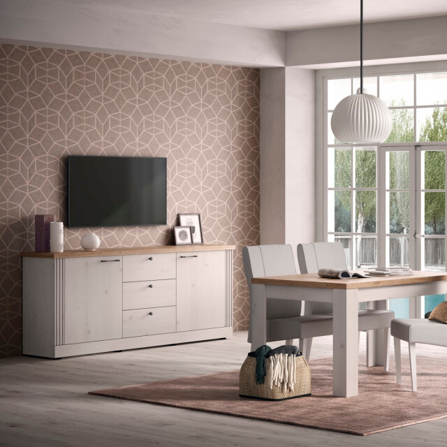 CaliCosy Dressoir met 2 deuren en 3 laden, decor eiken cadiz en meringuewit l211 cm - 3042534 large