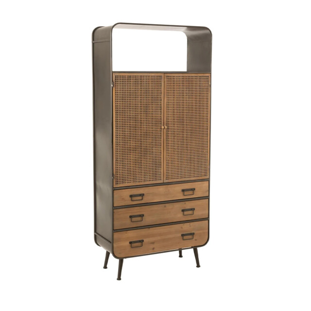 CaliCosy Hoge metalen kast met 2 deuren, 3 laden en rieten vlechtwerk 2931862 large