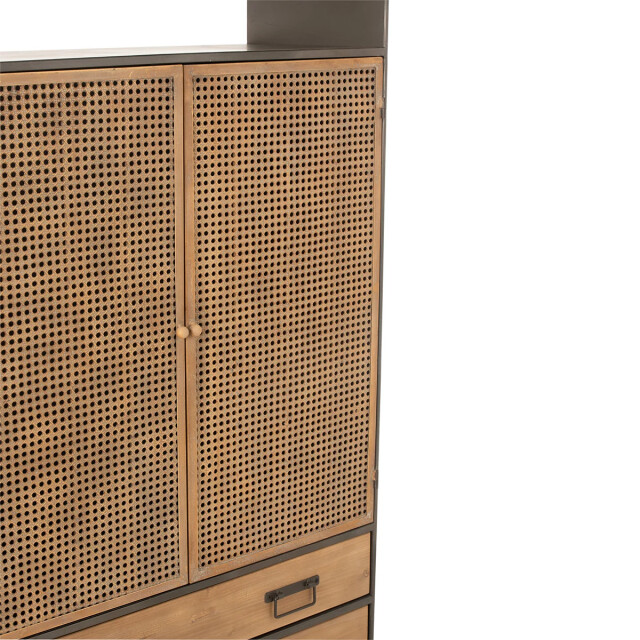 CaliCosy Hoge metalen kast met 2 deuren, 3 laden en rieten vlechtwerk 2931862 large