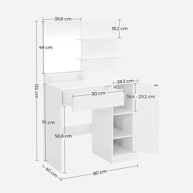 CaliCosy Kaptafel met spiegel, 1 lade, 2 planken en opbergkast l80 x h132 cm 2930002 large