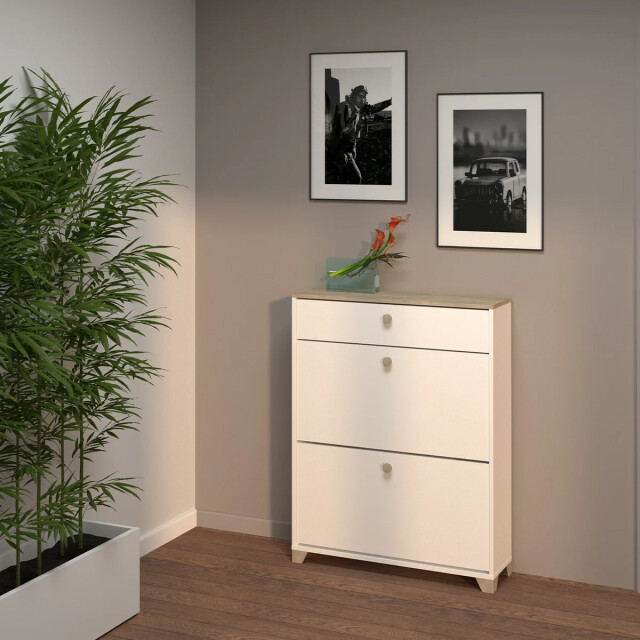 CaliCosy Schoenenkast met 2 neerklapbare deuren en 1 lade, eiken kronberg en wit decor - 2930102 large