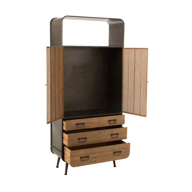 CaliCosy Hoge metalen kast met 2 deuren, 3 laden en rieten vlechtwerk 2931862 large