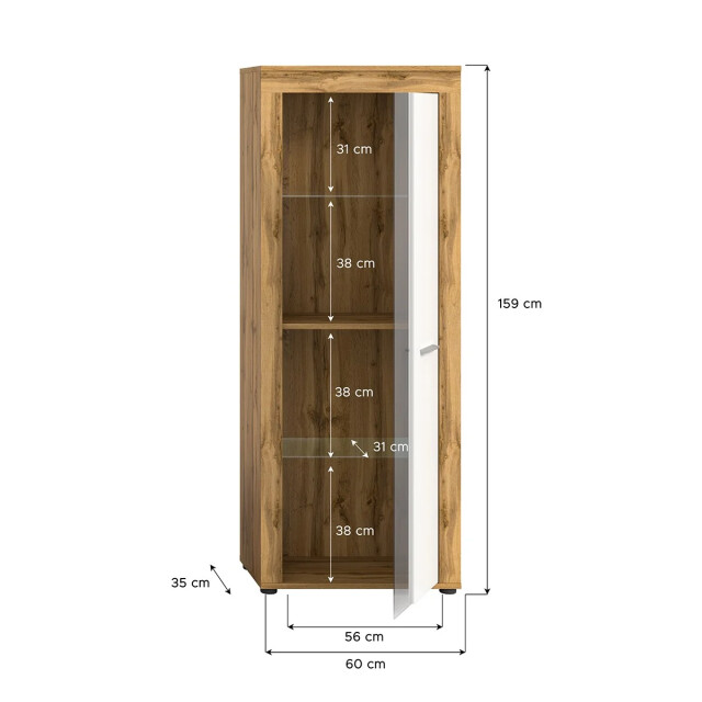 CaliCosy 1-deurs vitrinekast in wit en eiken wotan h159 cm aosta 2951191 large