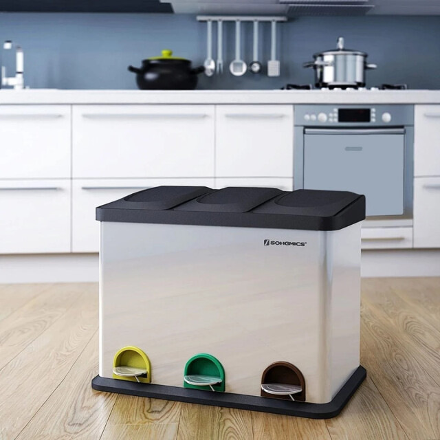CaliCosy Afvalsorteerbak met 3 pedaalemmers van 45l in zilvergrijs 2929488 large