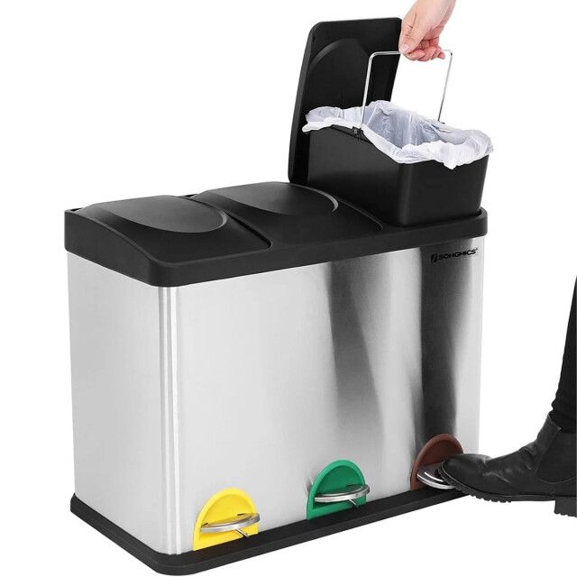 CaliCosy Afvalsorteerbak met 3 pedaalemmers van 45l in zilvergrijs 2929488 large