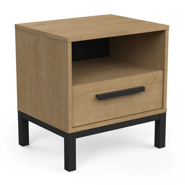 CaliCosy Nachtkastje 1 lade en 1 vak, eiken en mat zwart decor, craft l44,6 cm 2930074 large