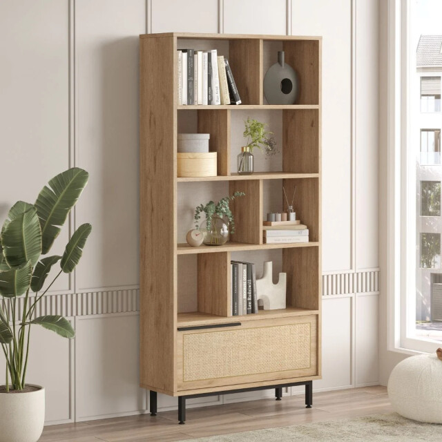 CaliCosy Rek 9 planken en 1 deur, eikenhouten decor en rotanprint h175,6 cm 2931972 large