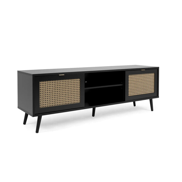 CaliCosy Tv-meubel met 2 deuren, 2 neerklapbare fronten, rotanprint en zwart villa - 2930023 large