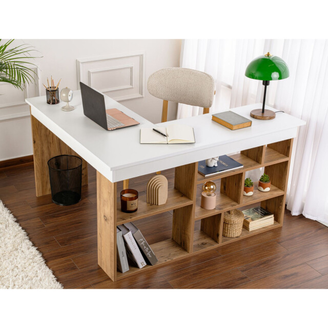 CaliCosy Hoekbureau met opbergruimte, wit en atlantisch den decor l130 cm vesper 3065065 large
