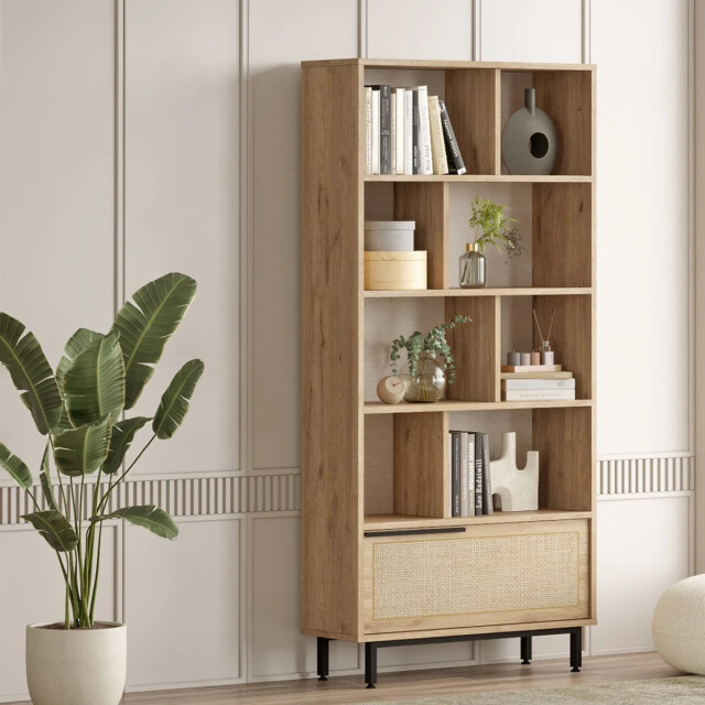 CaliCosy Rek 9 planken en 1 deur, eikenhouten decor en rotanprint h175,6 cm 2931972 large