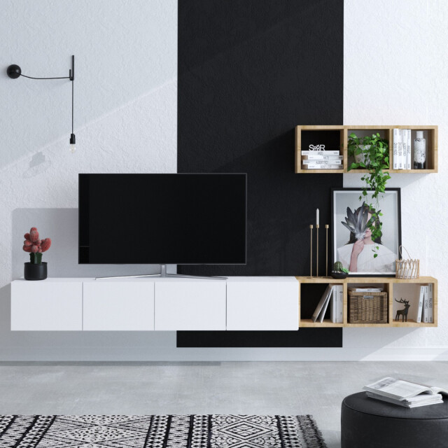 CaliCosy Tv-meubel 4 deuren wit met eikenrek l215 cm pia 3038929 large