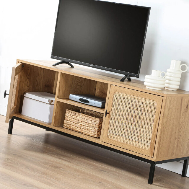 CaliCosy Tv-meubel met 2 deuren, rotan baldakijn en 2 nissen l120cm 2929854 large