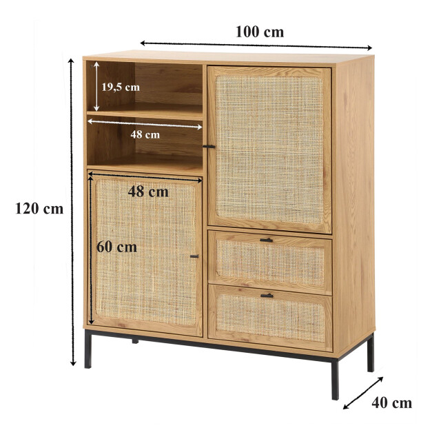 CaliCosy Hoge buffetkast met natuurlijke rotan fronten l100 x h120 cm jaya 2930194 large