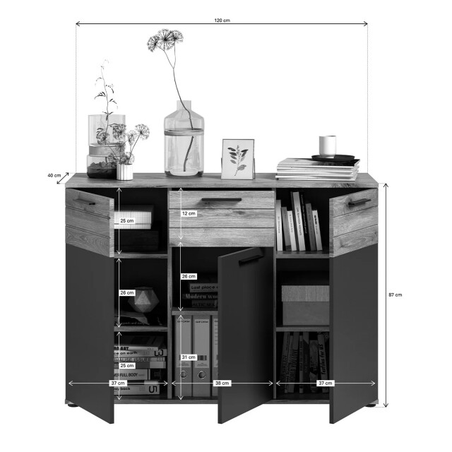 CaliCosy 1-lades en 3-deurs dressoir in antracietgrijs en nox eik l120 cm mason 2951209 large