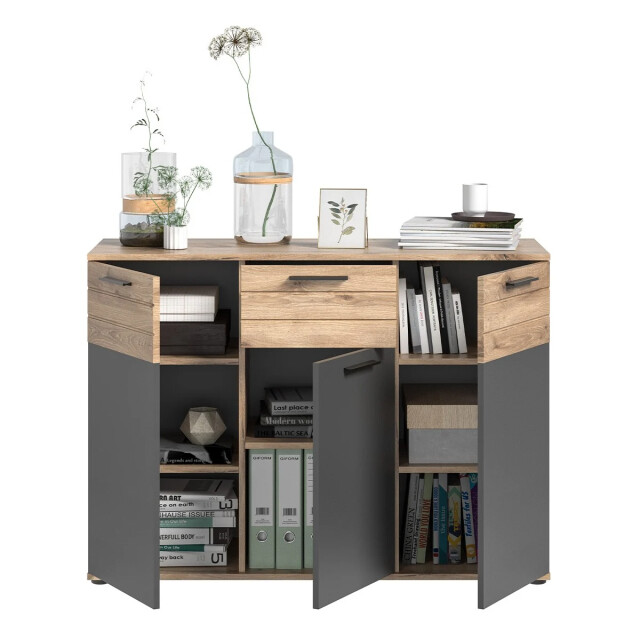 CaliCosy 1-lades en 3-deurs dressoir in antracietgrijs en nox eik l120 cm mason 2951209 large