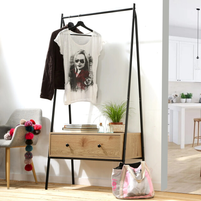CaliCosy Zwart metalen kleerkast met 1 lade, eiken decor h170cm 2929795 large