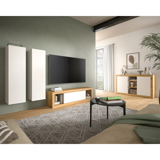 CaliCosy 2-deurs buffetkast met 3 nissen in wit en wotan eik l80 cm matrix 2951211 large