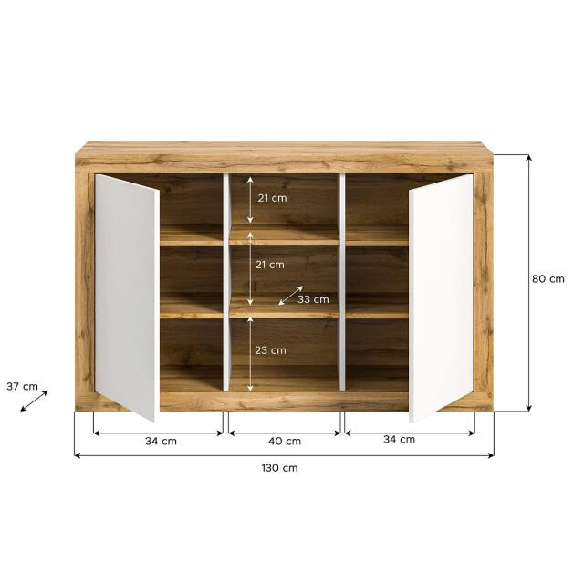 CaliCosy 2-deurs buffetkast met 3 nissen in wit en wotan eik l80 cm matrix 2951211 large