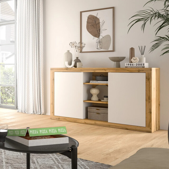 CaliCosy 2-deurs buffetkast met 3 nissen in wit en wotan eik l80 cm matrix 2951211 large