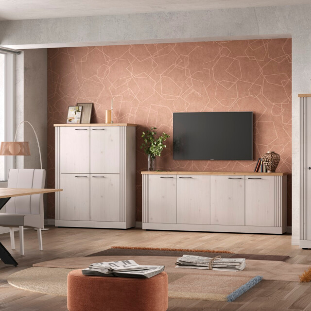 CaliCosy Hoge dressoir met 4 deuren, decor eiken cadiz en meringuewit h160 cm country 3042329 large